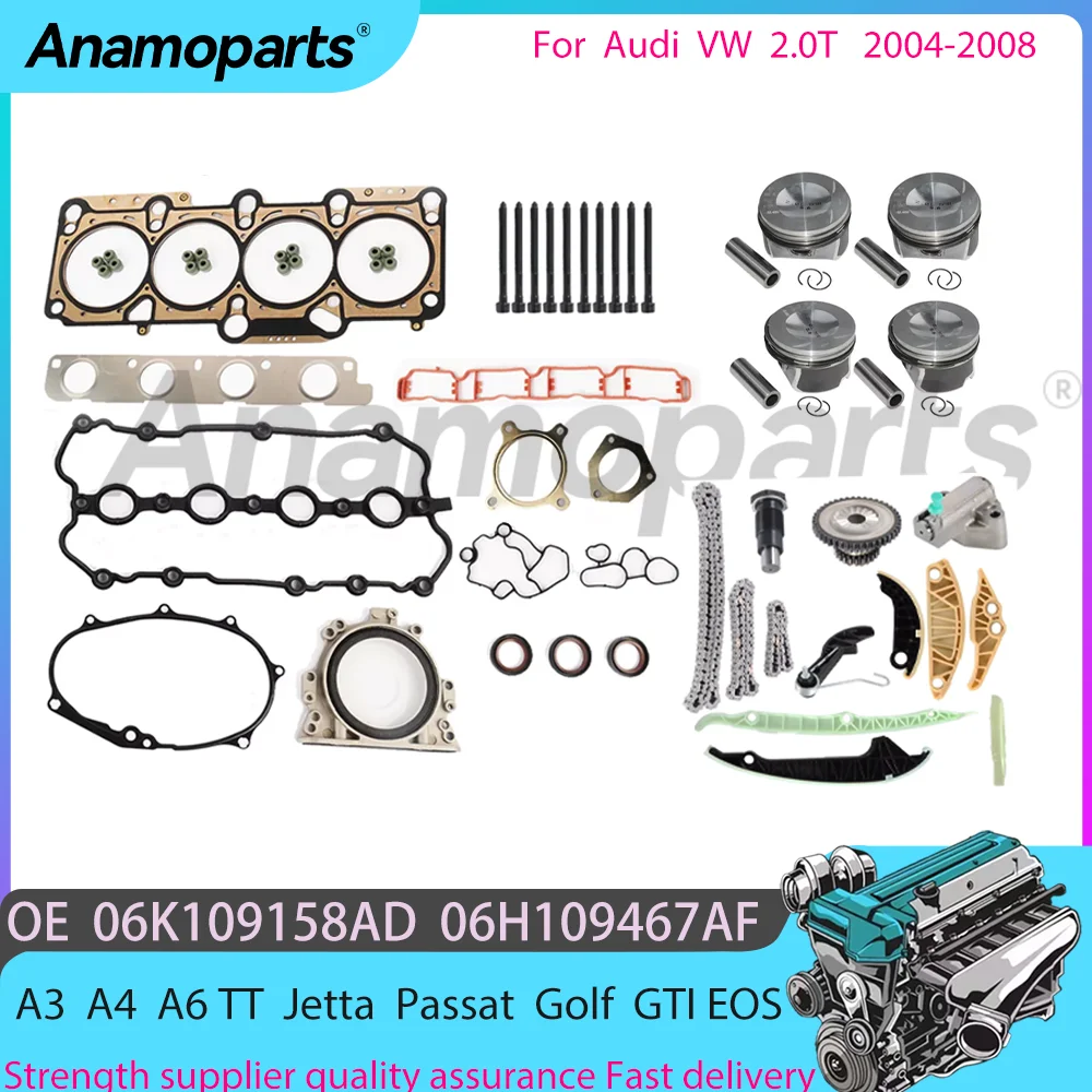 For 04-08 2.0T Audi A3 A4 A6 TT VW Jetta Passat Golf GTI EOS 2.0 T L Engine Overhaul Rebuild Timing chain piston kit 06H109467N