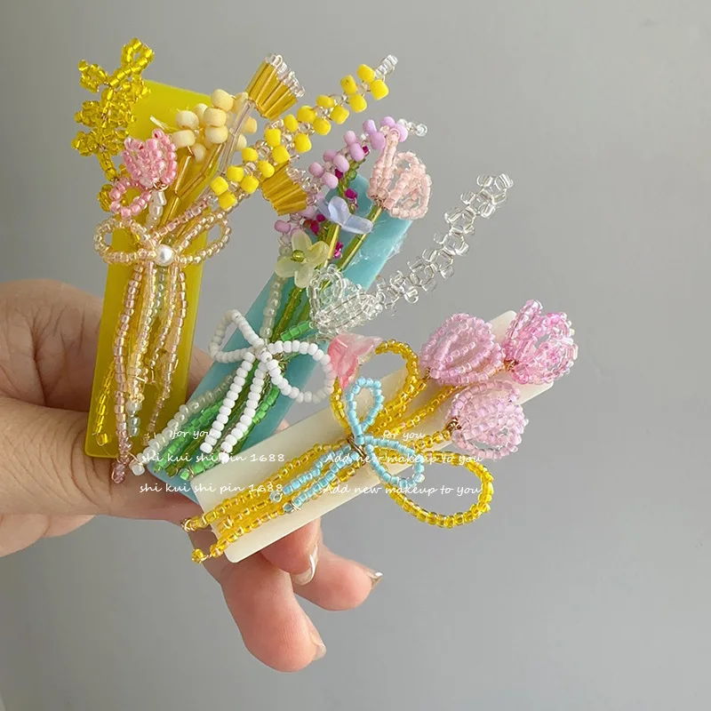 

Girly Spring Small Garden Beaded Bouquet Hairpin Edge Clip Color Bangs Clip Handmade Flowers Sweet Wind Hair Accessories