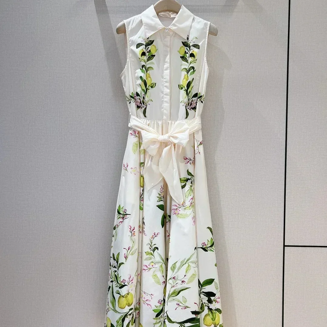 2024 New Collection Cream White Lemon Floral Position Print Sleeveless Vest Women Midi Dress for Holiday