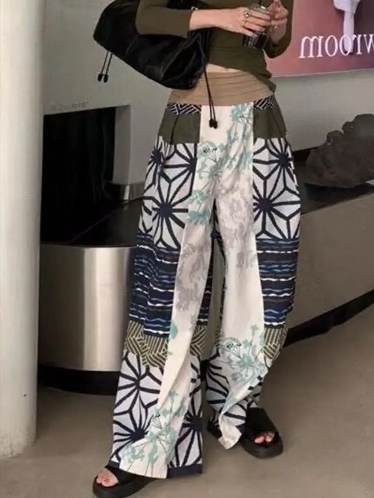 Women's Japanese Patchwork Wide-Leg Pants-Geometric Floral Striped Print, High Waist Drawstring Loose Fit Trousers Spring Summer