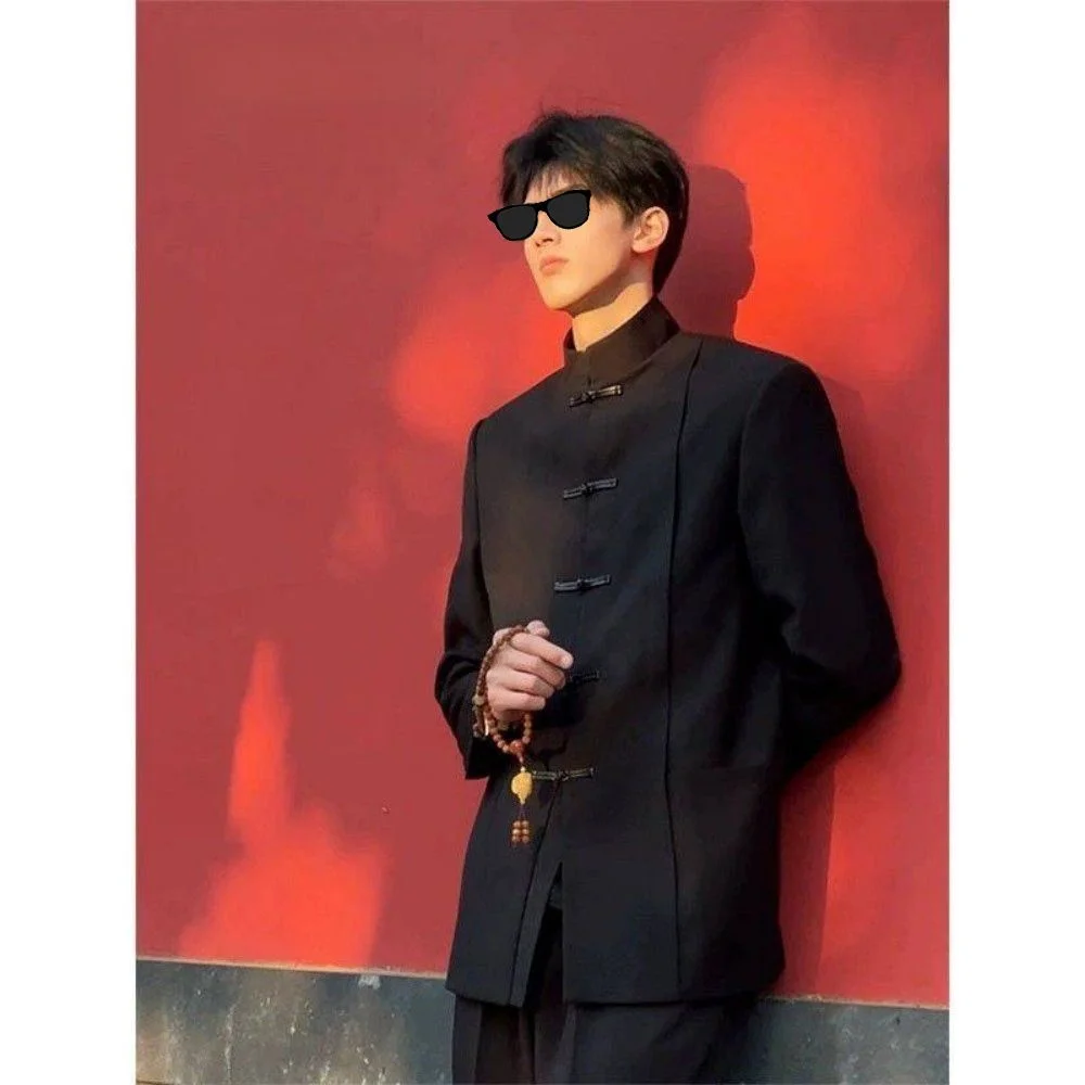 

Retro Chinese Style Luxury Shirt Men's Long Sleeve Shoulder Padded Western Suit Casual Fashion Urban Anti-Wrinkle Polyester