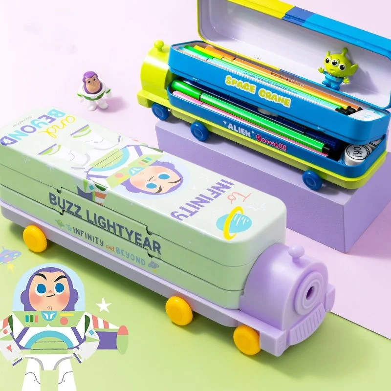 Disney BuzzLightyear Alien Marie Creative Train Shape Multifunctional Stationery Box Double Layer Large Capacity Storage Pen Box