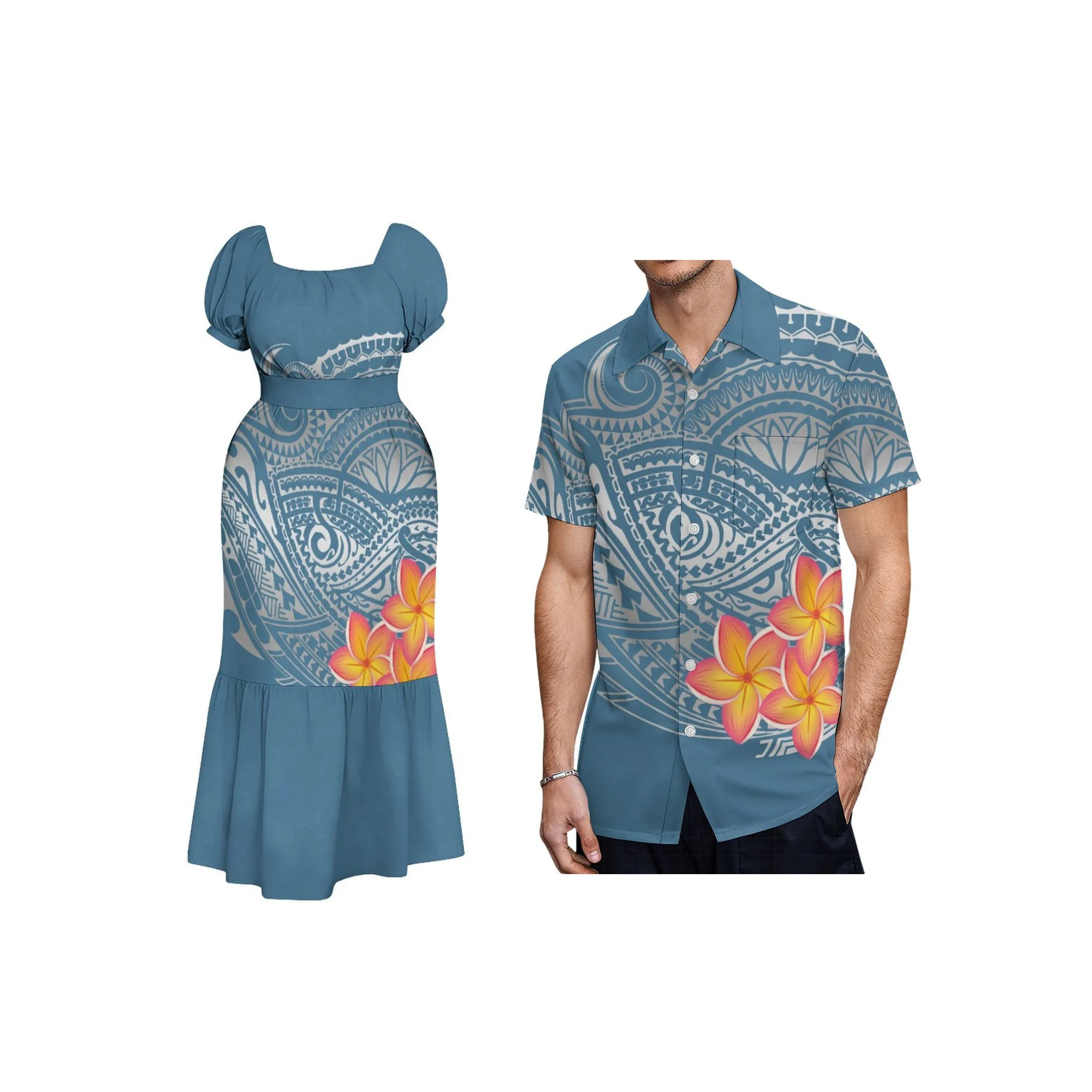 

Wholesale Price Custom Fashion Square Neck Puff Sleeve Dress Pacific Island Design Women Summer Ruffle Belted Dress