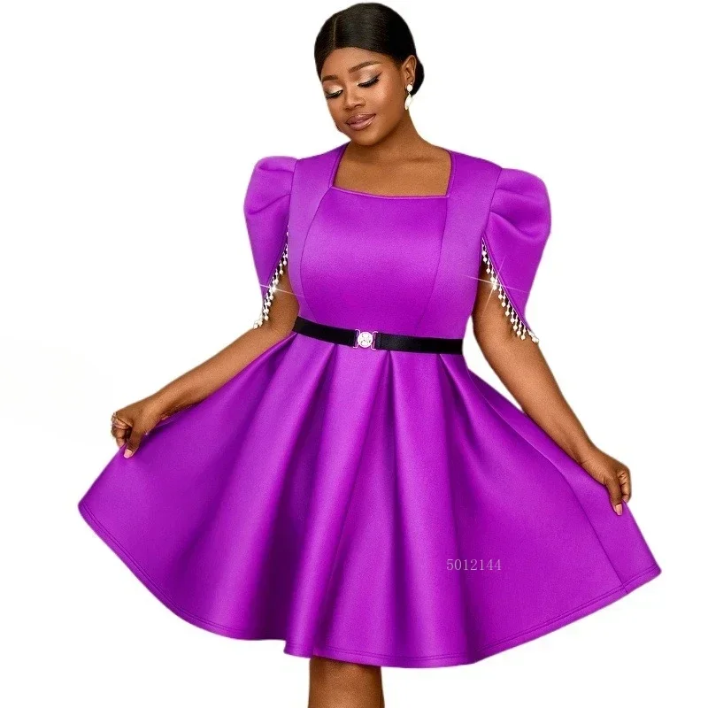African Women's Square Collar Pearl Bubble Sleeve A-Line Evening Dress Purple Elegant Gown Dashiki African Dresses for Women