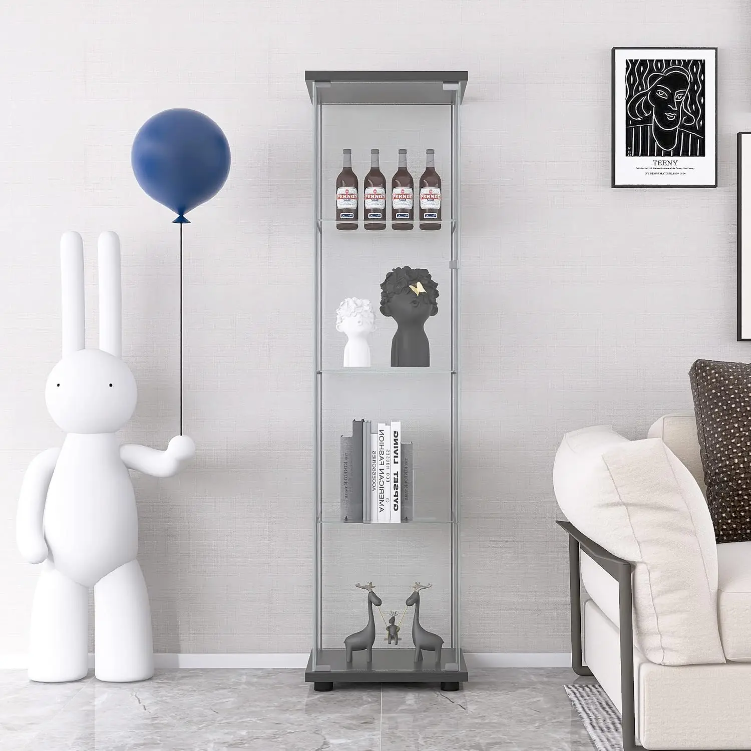 4-Tier Tempered Glass Display Cabinet with Glass Door, Floor Standing Curio Cabinet Collection Showcase, 17
