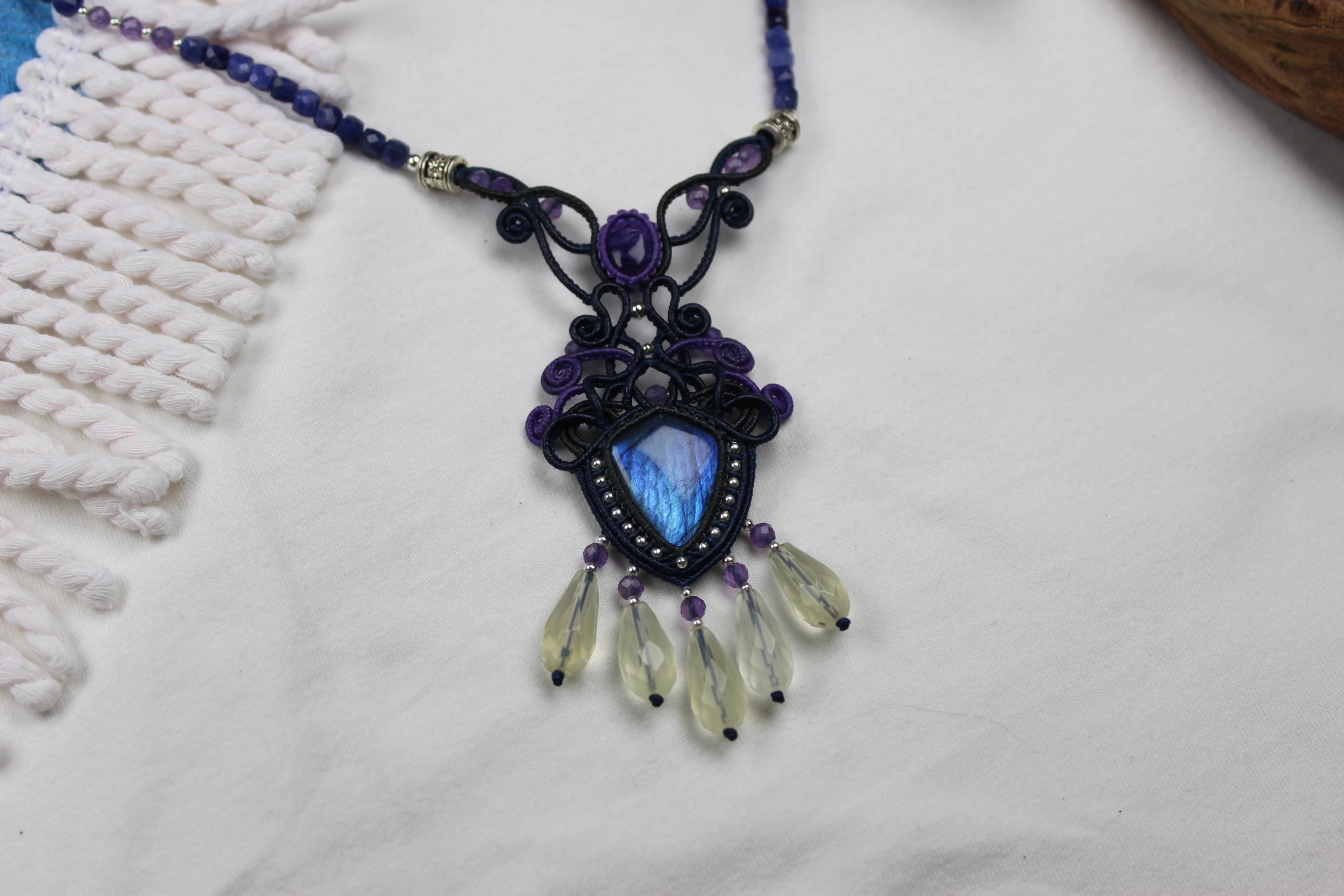 

Macrame Handmade Wax Polyster Thread Woven Labradorite Shield Natural Stone Necklace with Citrine Exclusive Custom Design Gift
