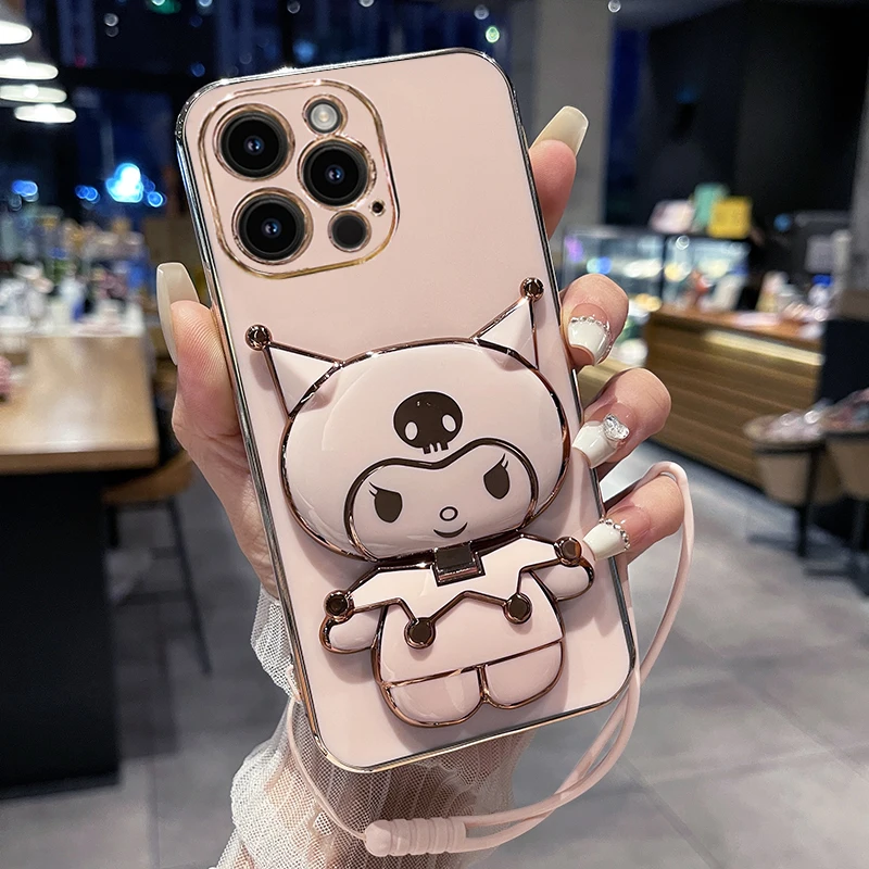 Kuromi My Melody Mirror Holder Case For iPhone 15 14 13 12 11 Pro Max Mini XR XS X 8 7 Plus SE 2020 Plating Soft Silicone Cover