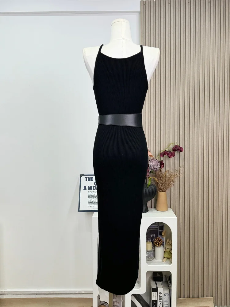 SMTHMA Gestrickte Solide Sexy Spaghetti Strap Sommer Kleid Frauen Casual Party Pullover Kleider Mit Gürtel
