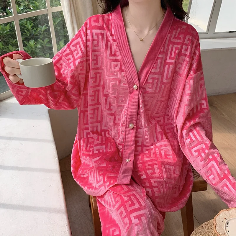 Pink Pyjamas 2Pcs Loungewear Women Velour Warm Sleepwear Casual Home Clothes Sexy Jacquard Shirt&pants Nightwear Pijama Mujer