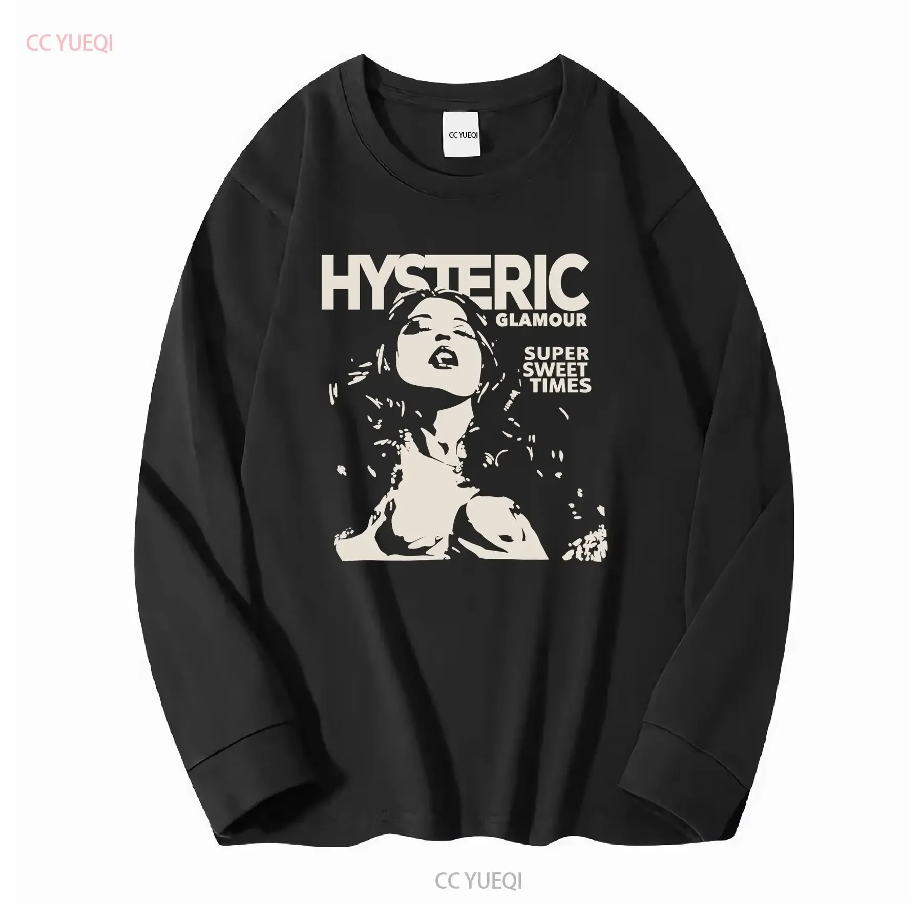 تي شيرت Hysteric Glamour سوبر سويت تايمز قطن أسود NH2720 عتيق مغسول موضة مريحة كاجوال متعددة الاستخدامات قليلاً