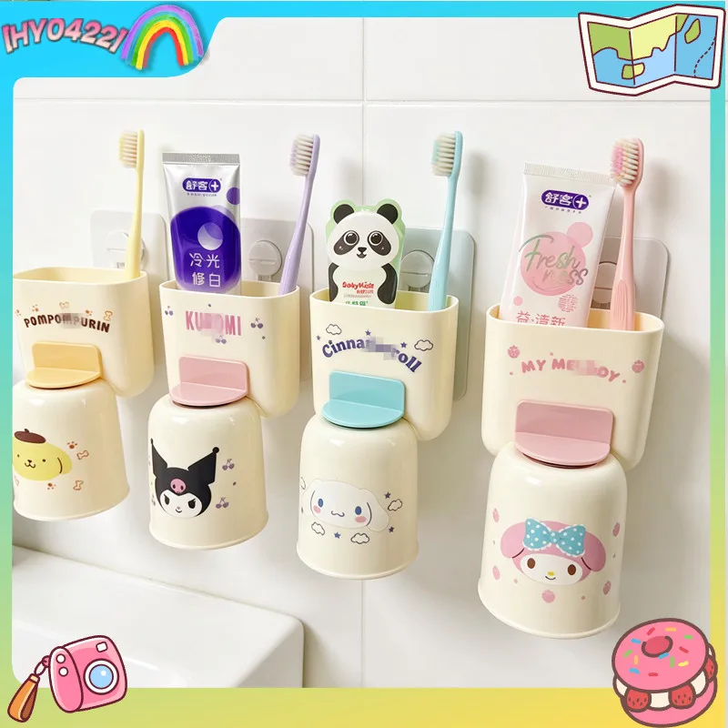 Soporte para cepillos de dientes Kuromi, bonito, con drenaje, para montar en la pared, vaso de enjuague, contenedor de almacenamiento para el baño, para pasta de dientes, cepillo de dientes y peine.