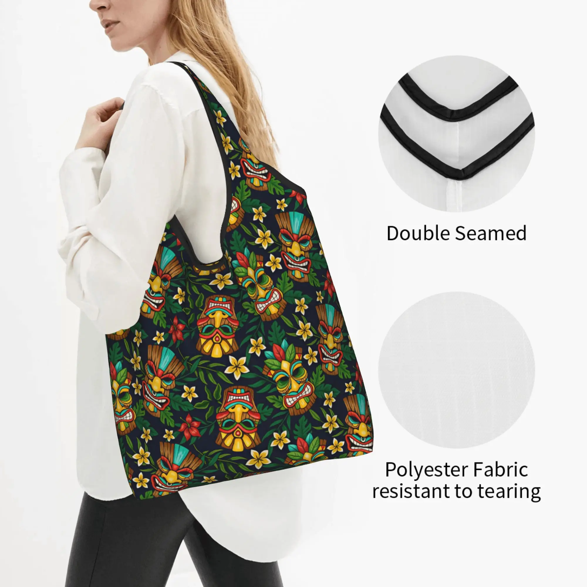 Recycling Hawaiian Style Palm Monstera Tiki Mask Shopping Bag Women Tote Bag  Tropical Plants And Flowers Groceries Shopper Bags