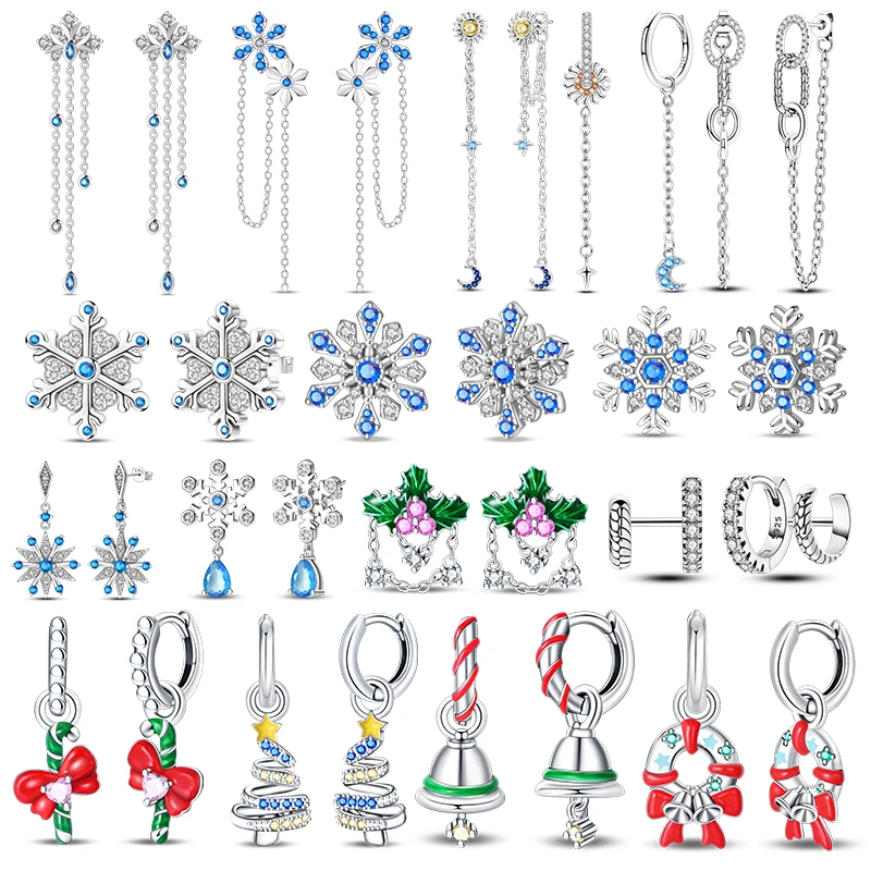 2024 New 925 Sterling Silver Christmas Earrings Christmas Tree Wreath Bells Snowflake Earrings for Women Creative Jewelry Gifts