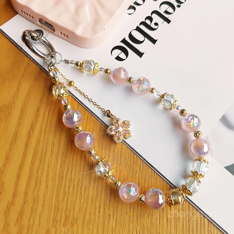 Mobile Phone Chain Luxury Dream Beads Pink Beaded Mobile Phone Lanyard Women\'s Advanced Sense of Crystal Flower Pendant