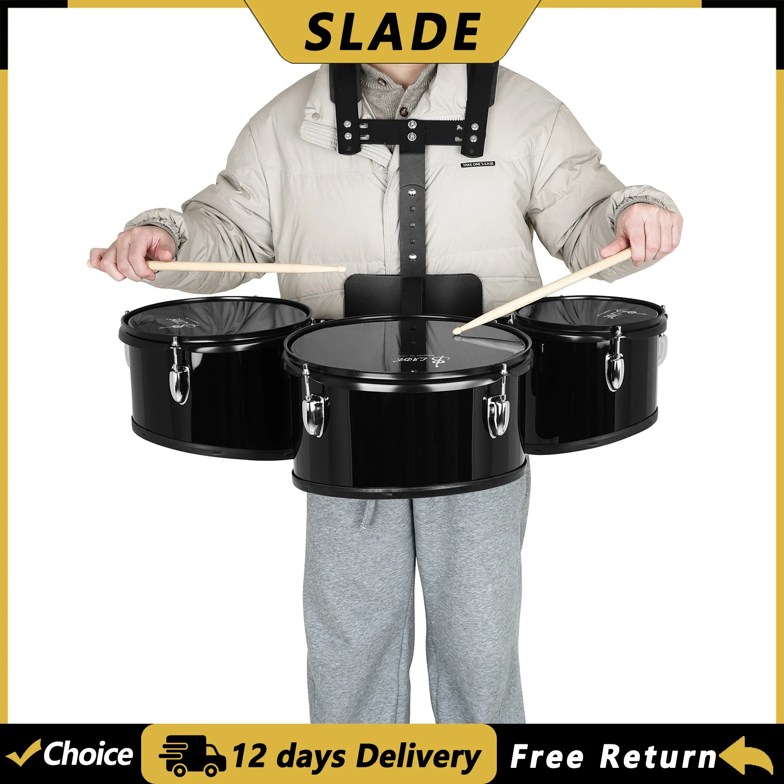 SLADE Triple Marching Drum Multi-joint Drum 3-Sound Drum Marching Drum Performance Percussion Instrument with Back Stand