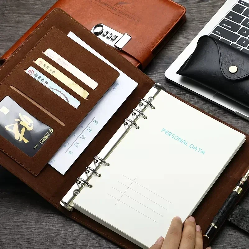 Loose PU Binder Business Notebook Daily Lock Password Organizer Padfolio Ring With 6-hole Leaf Planners Travel Leather