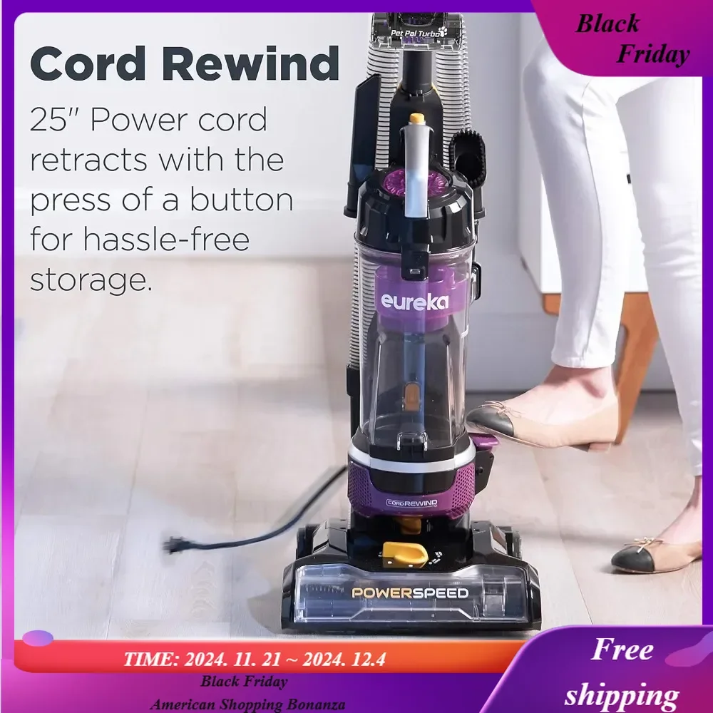 Powerful Lightweight Upright Vacuum Carpet and Floor, PowerSpeed NEU202 with Automatic Cord Rewind, Purple