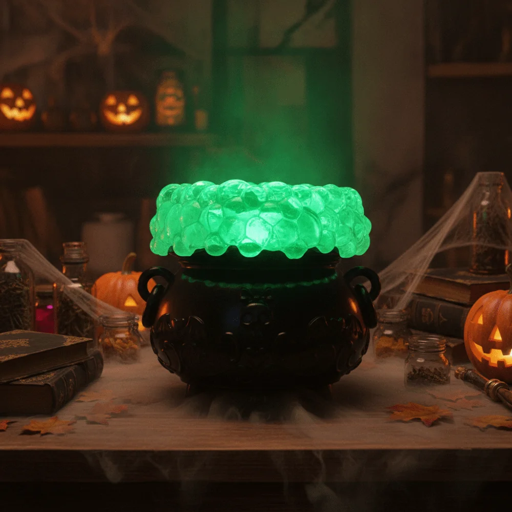 Color-Changing LED Lights Halloween Glowing Bubble Witch Crucible with Remote Control Resin Crucible Candlestick Relief Pattern