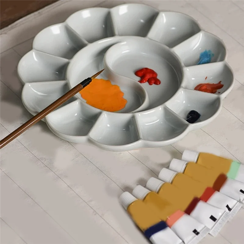 

Upgraded Handmade Celadon Palette Plum Blossom-Shaped Watercolor Paint Tray Ru Kiln Plate And Pen Holder