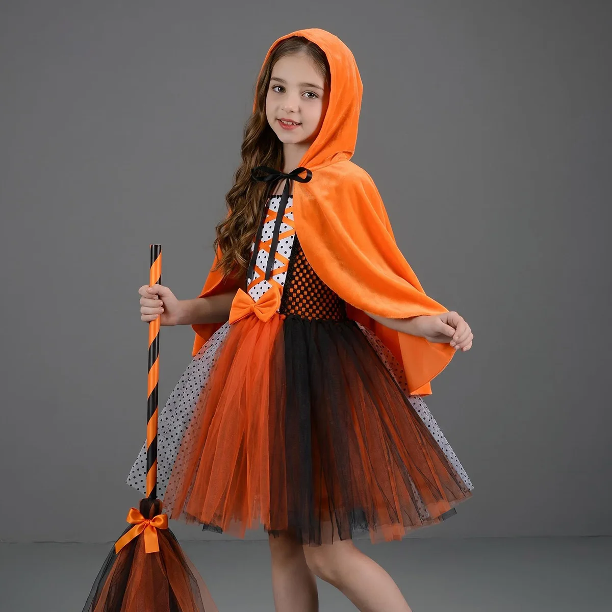 Girls Color-Block Pumpkin Witch Mesh Tutu Dress Cloak Cape Broom Set Halloween Carnival Party Masquerade Ball Dress Up Clothing