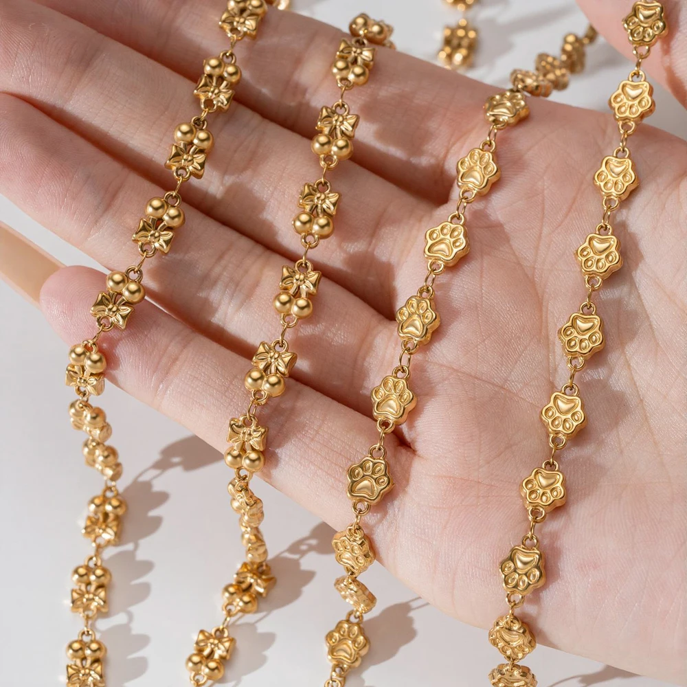 1M Edelstahl-Ketten mit Ästen, Blumen, Schleifen, Kirschen, Pfoten, vergoldete Gliederkette für DIY-Halsketten, Armbänder und Schmuckherstellung – Detail 2