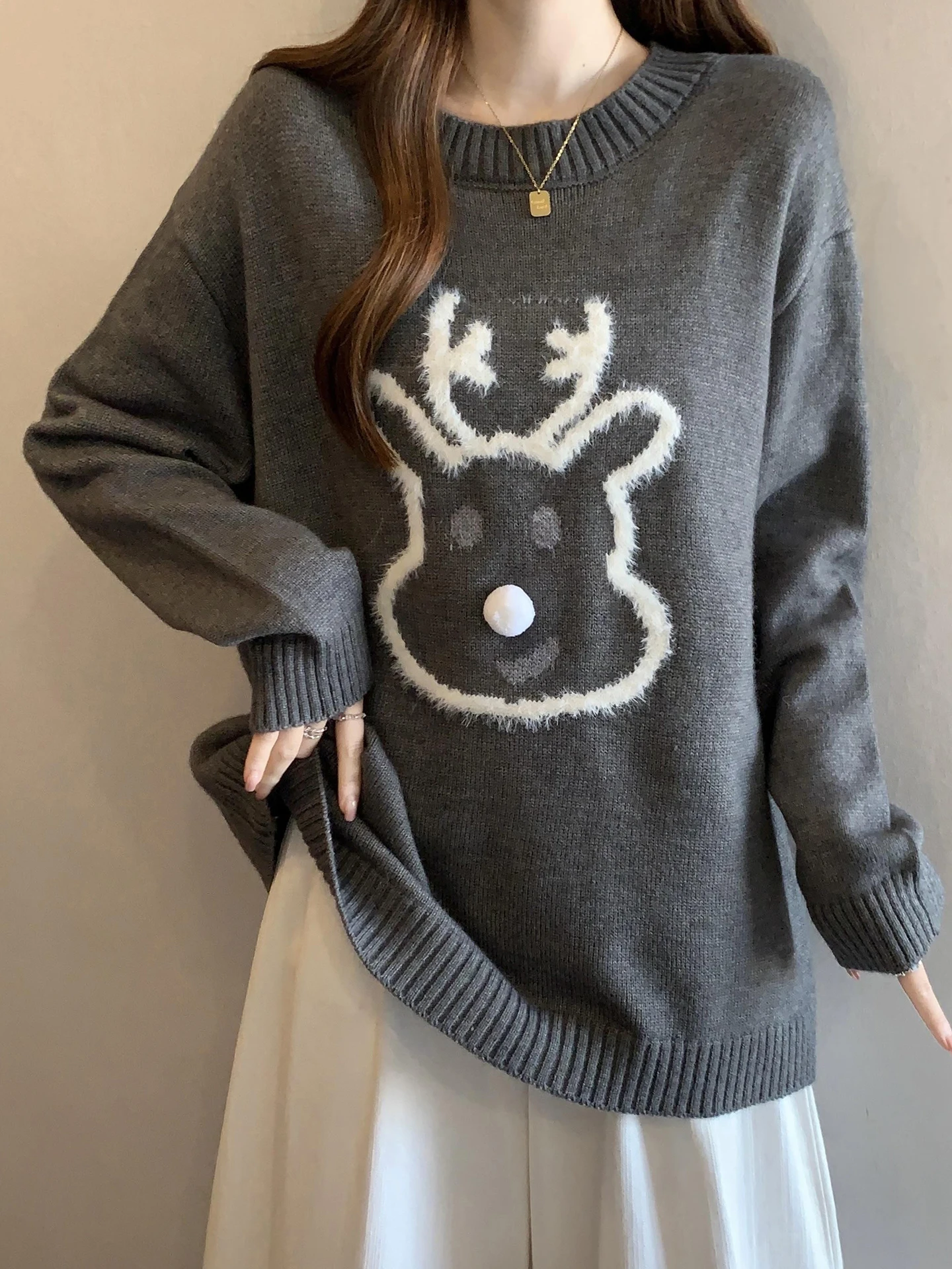 

Свитер женский вязаный свободного кроя с вышивкой оленя, осенне-зимний, больших размеров, комфортный, уютный, антивозрастной топ