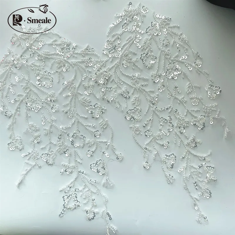 

Lace Patch Applique for Clothes, 3D Beaded, Mirrored Flowers, DIY Sewing Accessories, Clothes, RS2682, 4Pcs/2Pair