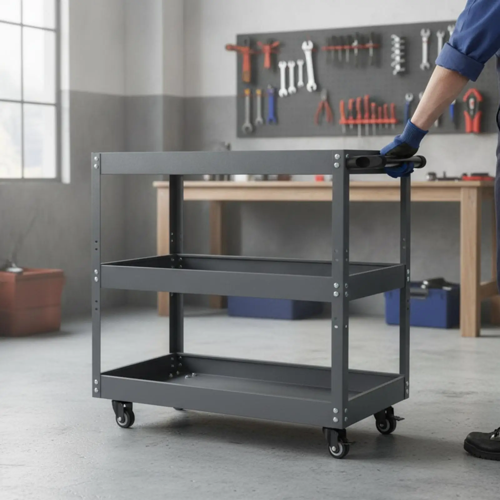 Three-Tier Tool Cart with Pegboard Sturdy Rolling Tool Cart Secure for Garage