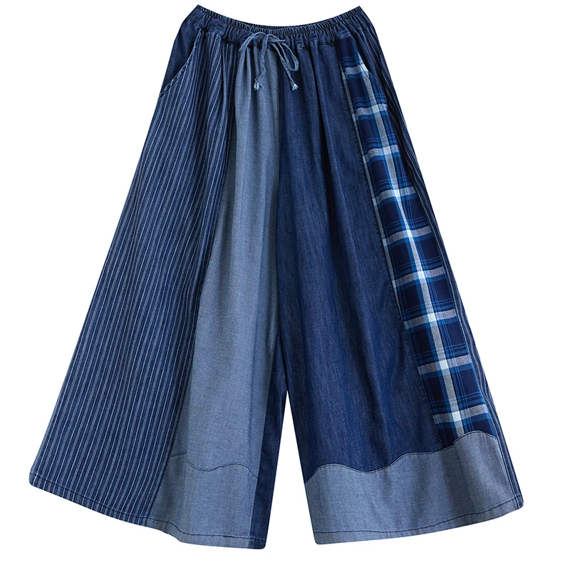

Faionable High Waist Wide Leg Denim Jeans Color Blo Plaid Waed Casual Trousers Skirts for plus Size Women Summer Wear