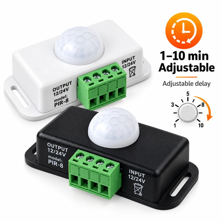 Black/white 12V/24V PIR Motion Sensor Adjust 1~10 Min Switch IR Infrared Detector Light Switch Module LED Strip Light Lamp