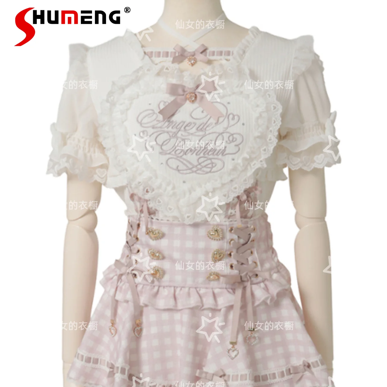 

2026 Summer Sweet Cute Girl's LIZ Heart Embroidery Shirt Japanese Bow Lace Bubble Sleeve Versatile Lolita T-shirt Tops for Women