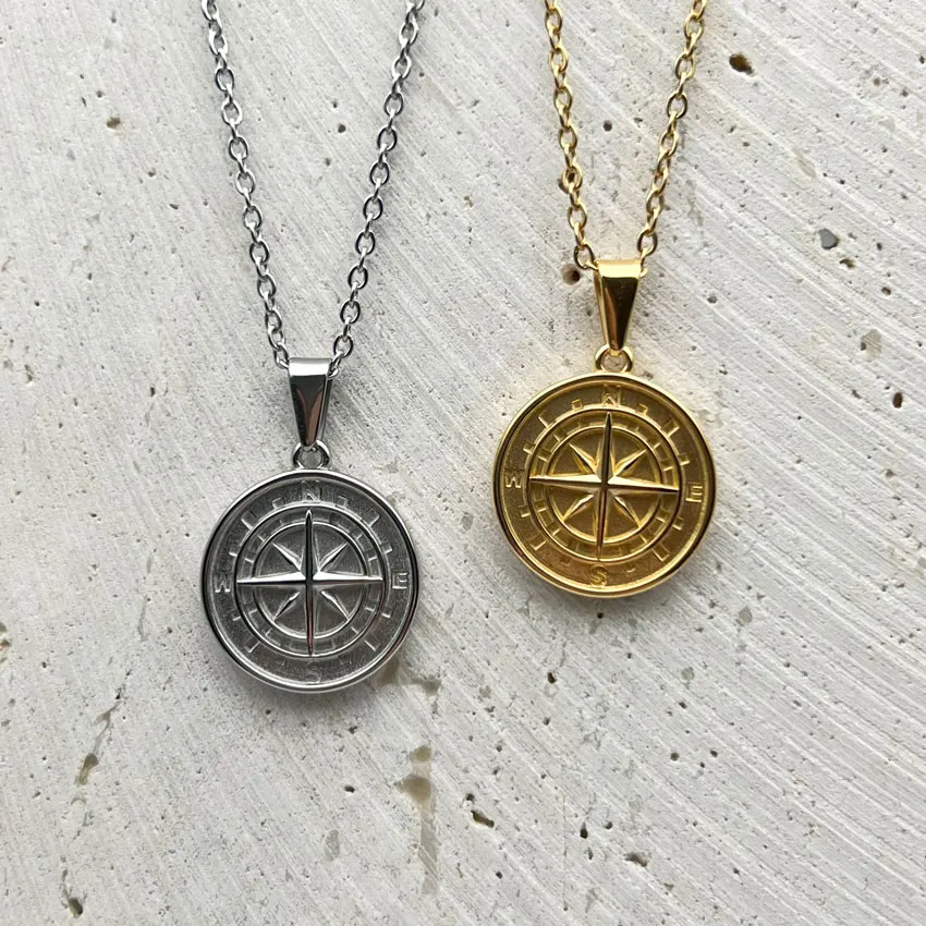 Travel Compass Necklace Streetwear Men Judah Lion Stainless Steel North Star Pendant Long Chain Floral Charm Flower Jewelry