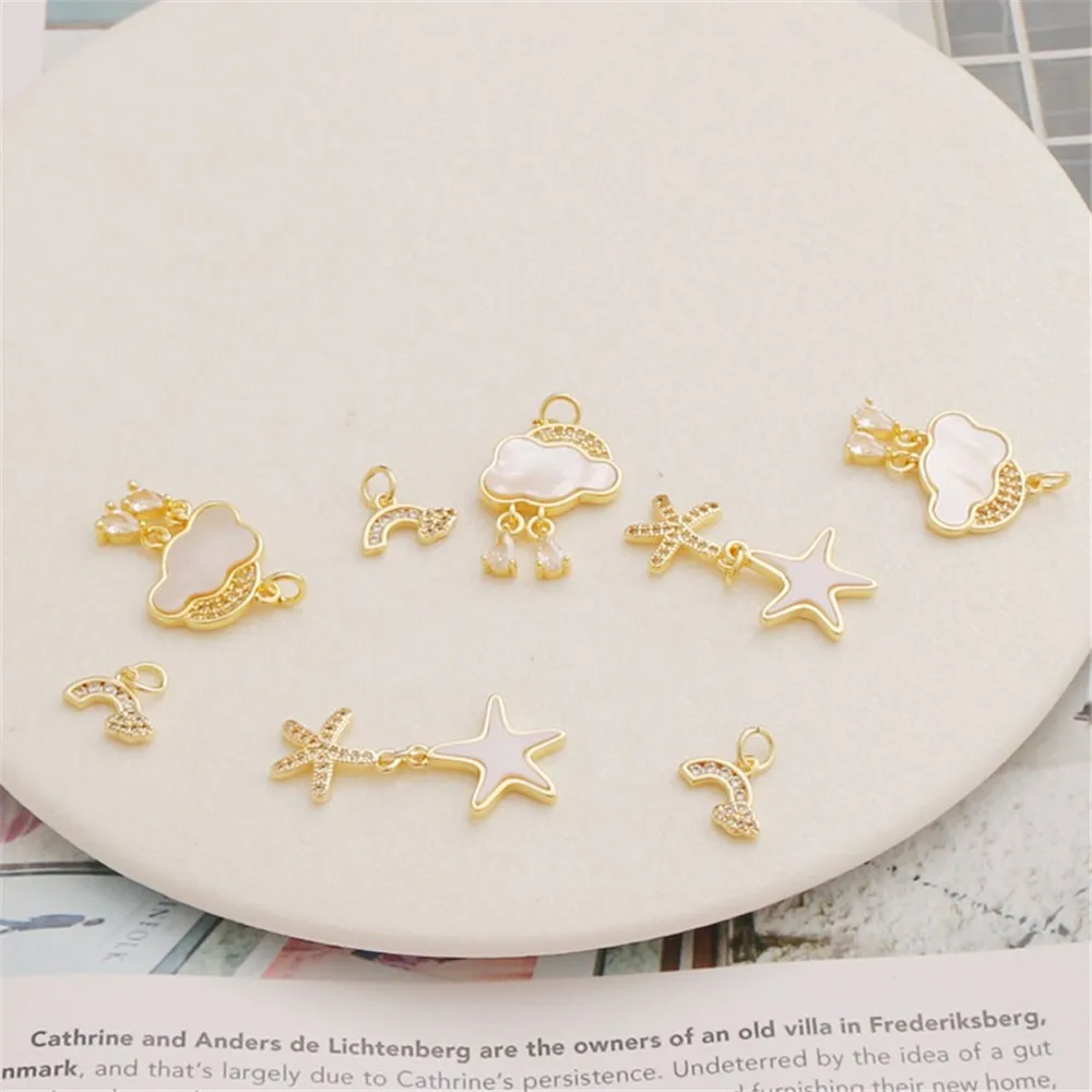 14K Gold Color Inlaid Zircon Sticker, Double Starfish, Cloud, Rainbow, DIY Jewelry, Pendant Accessories