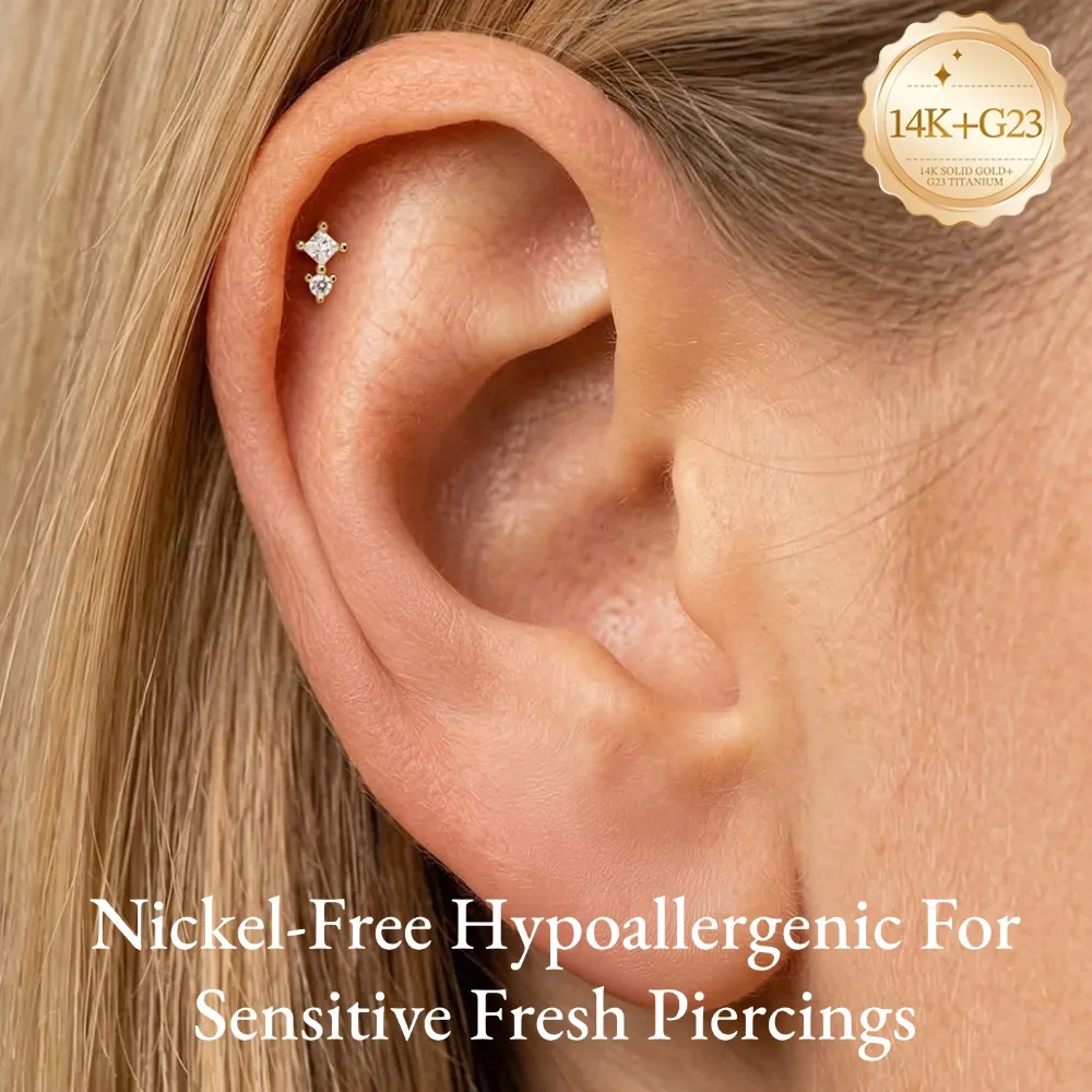 DIeSchein Flat Back Earrings Solid Gold 14K for Helix Tragus Daith Piercings for Women 18G Stud Earrings Daily Wear Gifts、