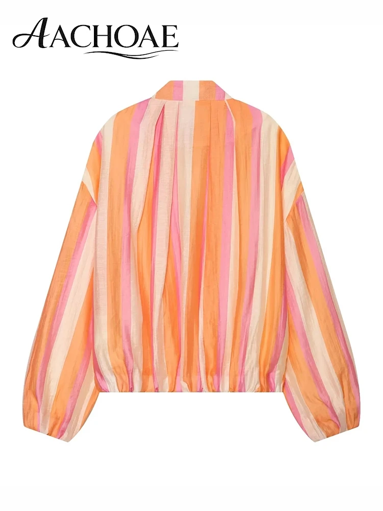 AACHOAE Women Colorful Stripe Bomber Jacket Lightweight Zip Up Cropped Jacket Lantern Sleeve Casual Loose Outerwear