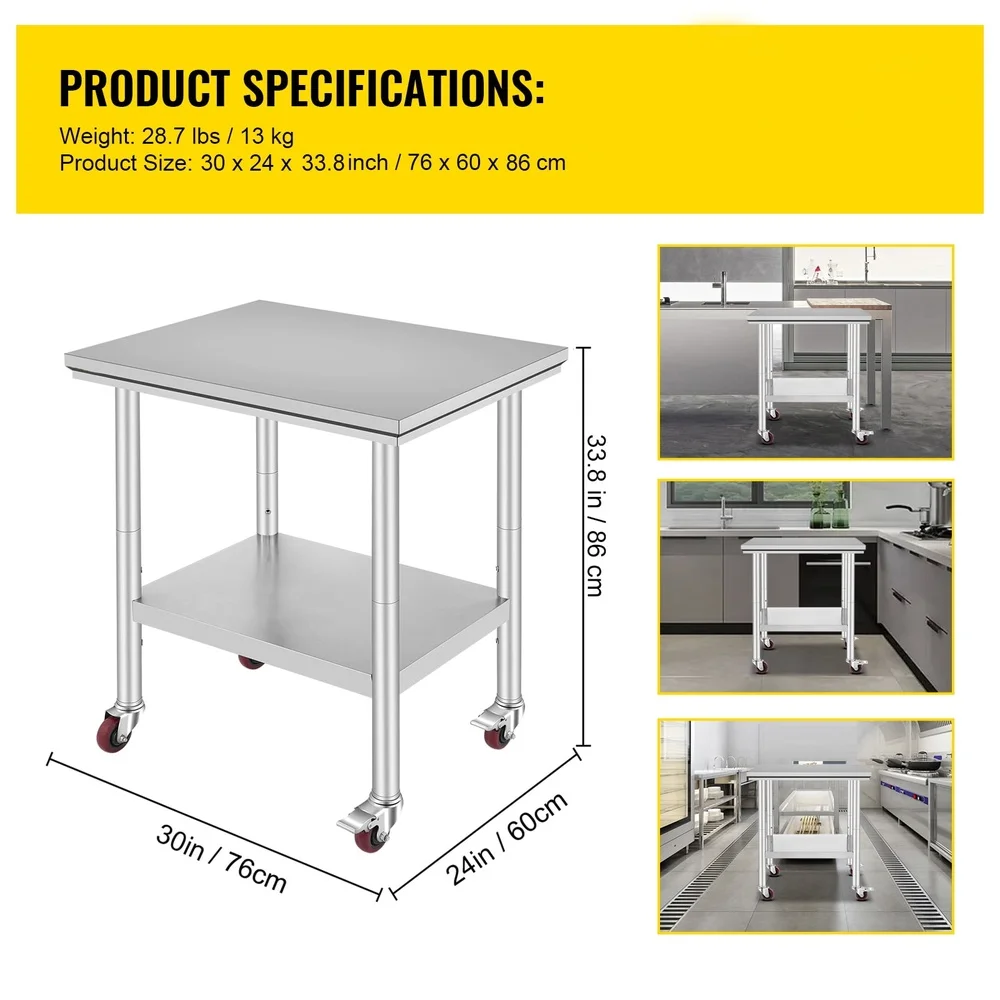 Stainless Steel Work Table with Wheels Adjustable Undershelf Heavy Duty Prep Table Kitchen Restaurant Commercial Use 700 Lbs