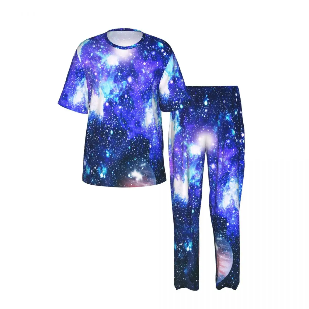 Men's Casual Pajamas Sets Short Sleeve and Pants Sets Male Sleepwear Abstract Space Stars And Nebula Home Clothes