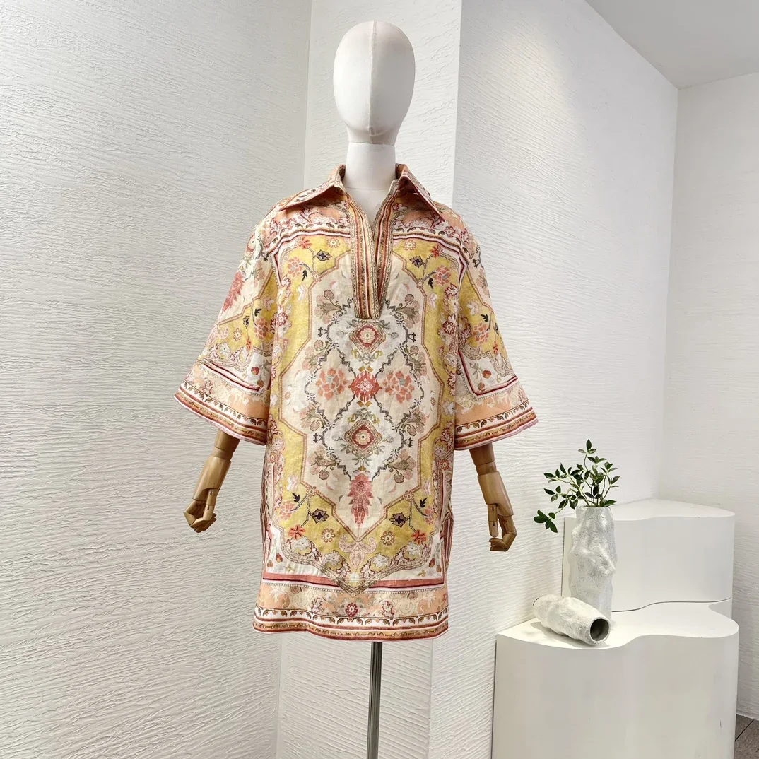 New Arrivals 2024 Linen High Quality Multicolor Floral Position Print Turn Down Collar Women Holiday Mini Dress