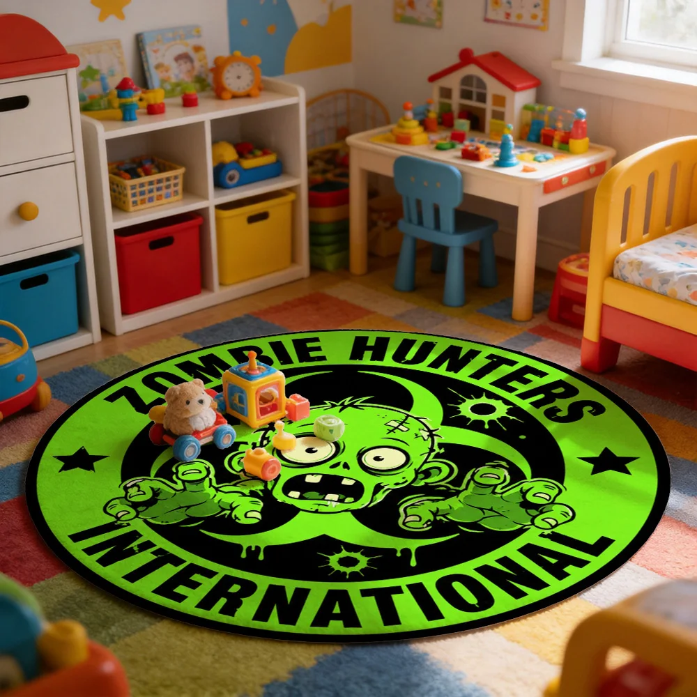 Funny Zombie Hunters International Logo Round Area Rug Mat for Man Cave Halloween Party Decor Novelty Floor Mat