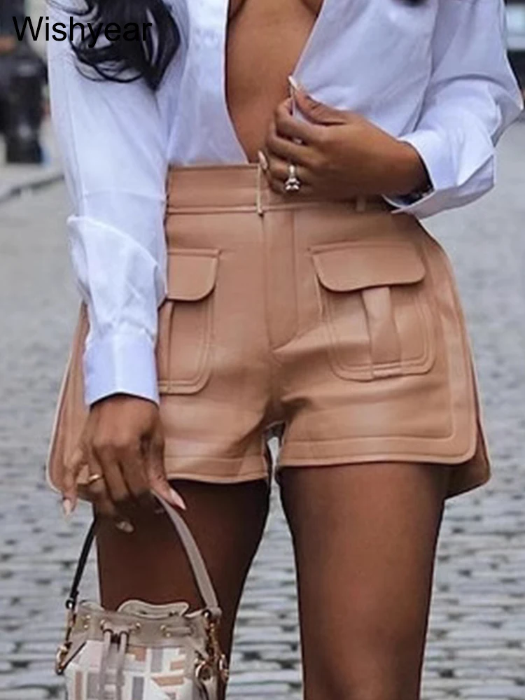 Fashion Khaki PU Leather Shorts Women Hipster High Waist Hip Pocket Wide Legs Pants Party Club England Style Female Bottoms Y2K