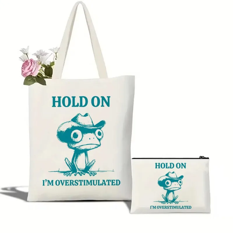 Hold on Im Overstimulated Frog Mental Health Tote Bag Canvas Cosmetic Bag Shoulder Bag Makeup Bag Simple Ideal for Daily Use