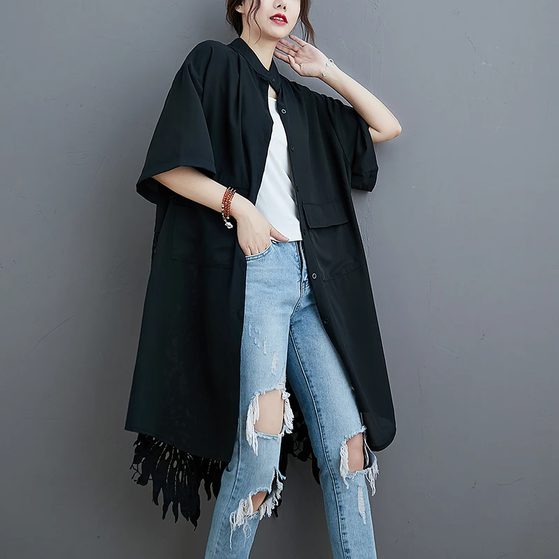 Tannt Women Shirt Asymmetry Lace Patchwork Long Oversize Blouse Tops Irregular Hollow Out Black White Shirt Women 2024 New