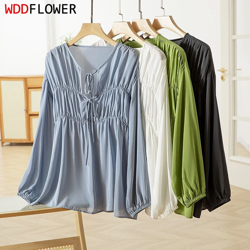 

Women Silk Blouse 100% Mulberry Silk 16 Momme Romance Solid Colors Loose Type Lantern Long Sleeve Pullover Top Shirt QQ068