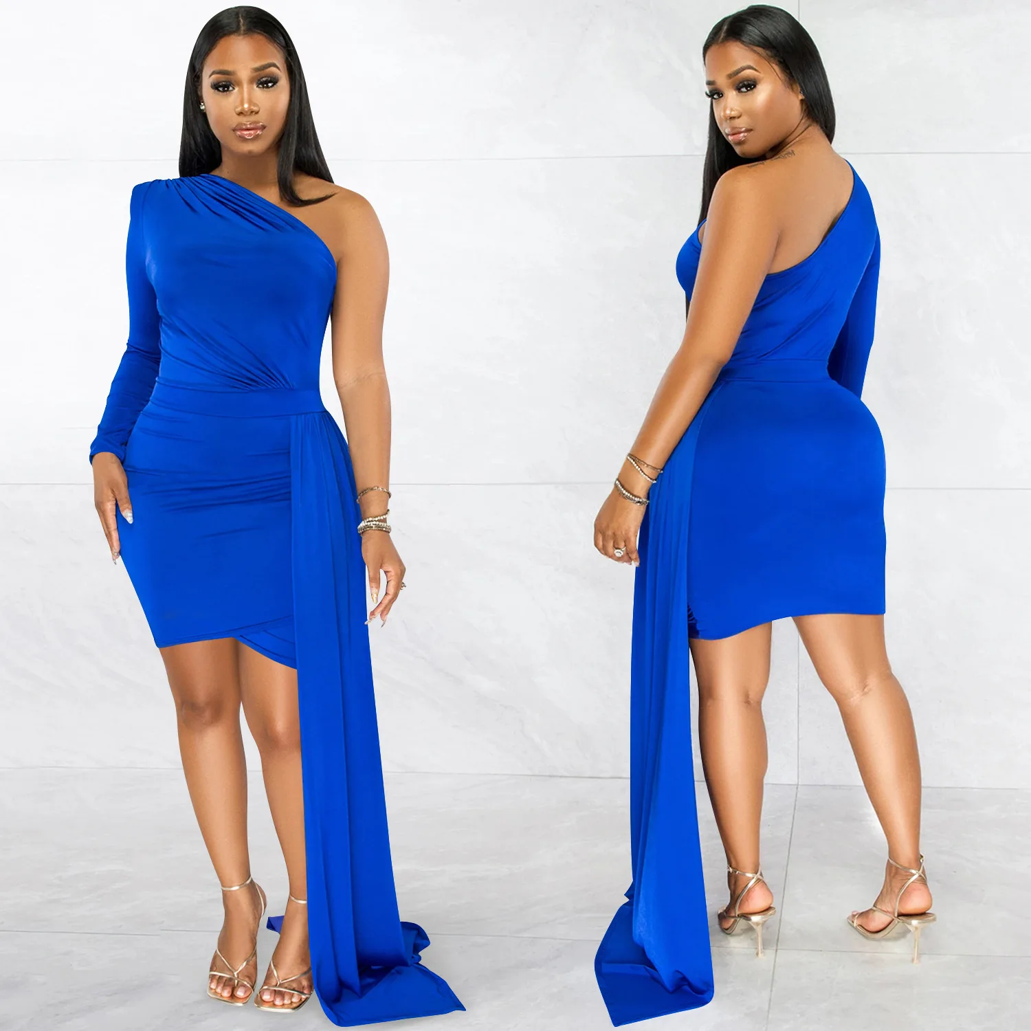 Nieuwe mode effen kleur enkele mouw casual diagonale kraag jurk dameskleding slank temperament sexy high-end kleding danc