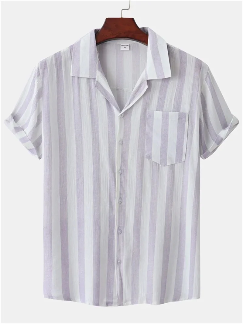 Chemise à manches courtes à rayures verticales pour hommes, chemise à revers boutonnée, chemise formelle couvertes, adaptée au quotidien décontracté ou aux vacances