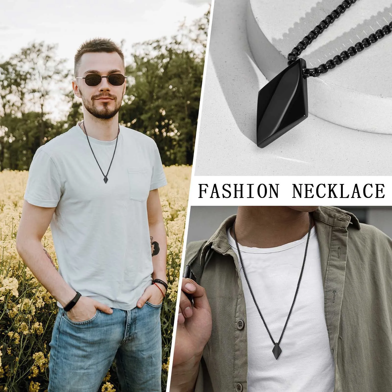 Vnox Rhombus Necklace for Men, Stainless Steel Geometric Pendant with Adjustable Box Chain, Simple Classic Minimalist Collar