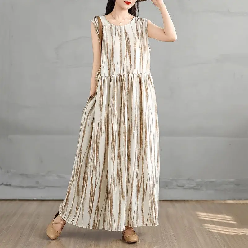 Retro Tie Dye Dress Loose Vest Dress Women's 2025 Summer Fashion Stylish Slimming Long Dress G1113