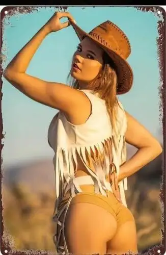 PIN UP GIRL METAL TIN SIGN SEXY PIN UP GIRL CHEST  WEARING COWBOY HAT WALL ART sign sign