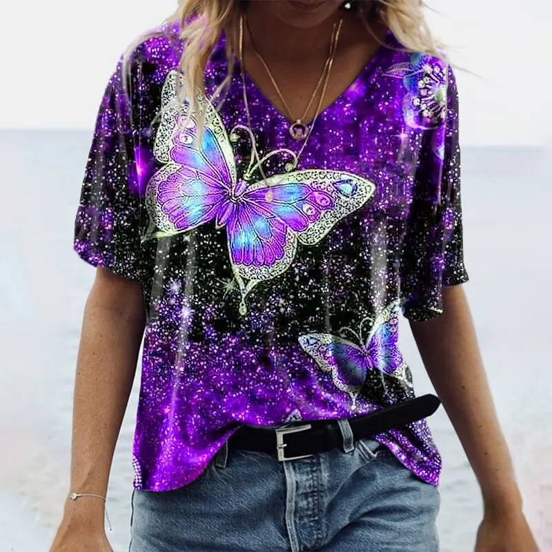 2024 hot selling European and American women's clothing 3D butterfly print casual short sleeved V-neck fashionable T-shirt DIY