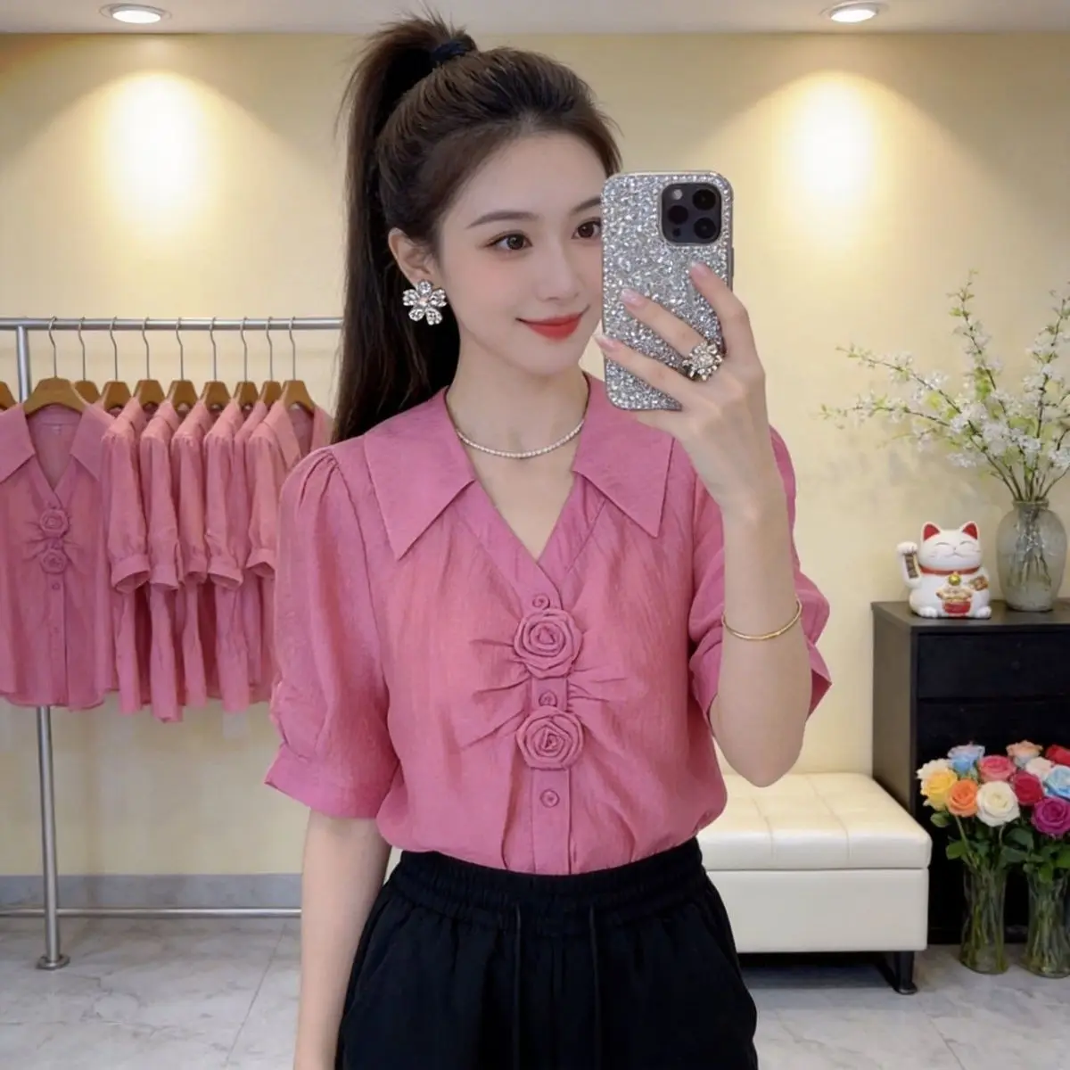 

Fashionable Floral Print Short Sleeve Shirt Women's Summer Unique Versatile Elegant Personality Top Pinkish Red Color Shirt